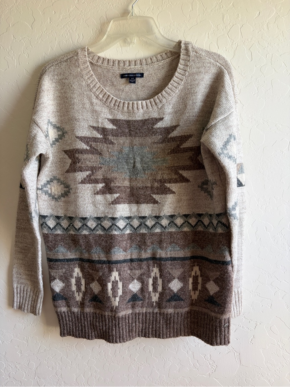 American Eagle Outfitters Aztec Crewneck Sweater - Taupe, Brown, Blue